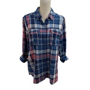 NWOT Two by Vince Camuto Plaid Shirt Women’s Medium Roll-Tab Sleeves Blue Cotton